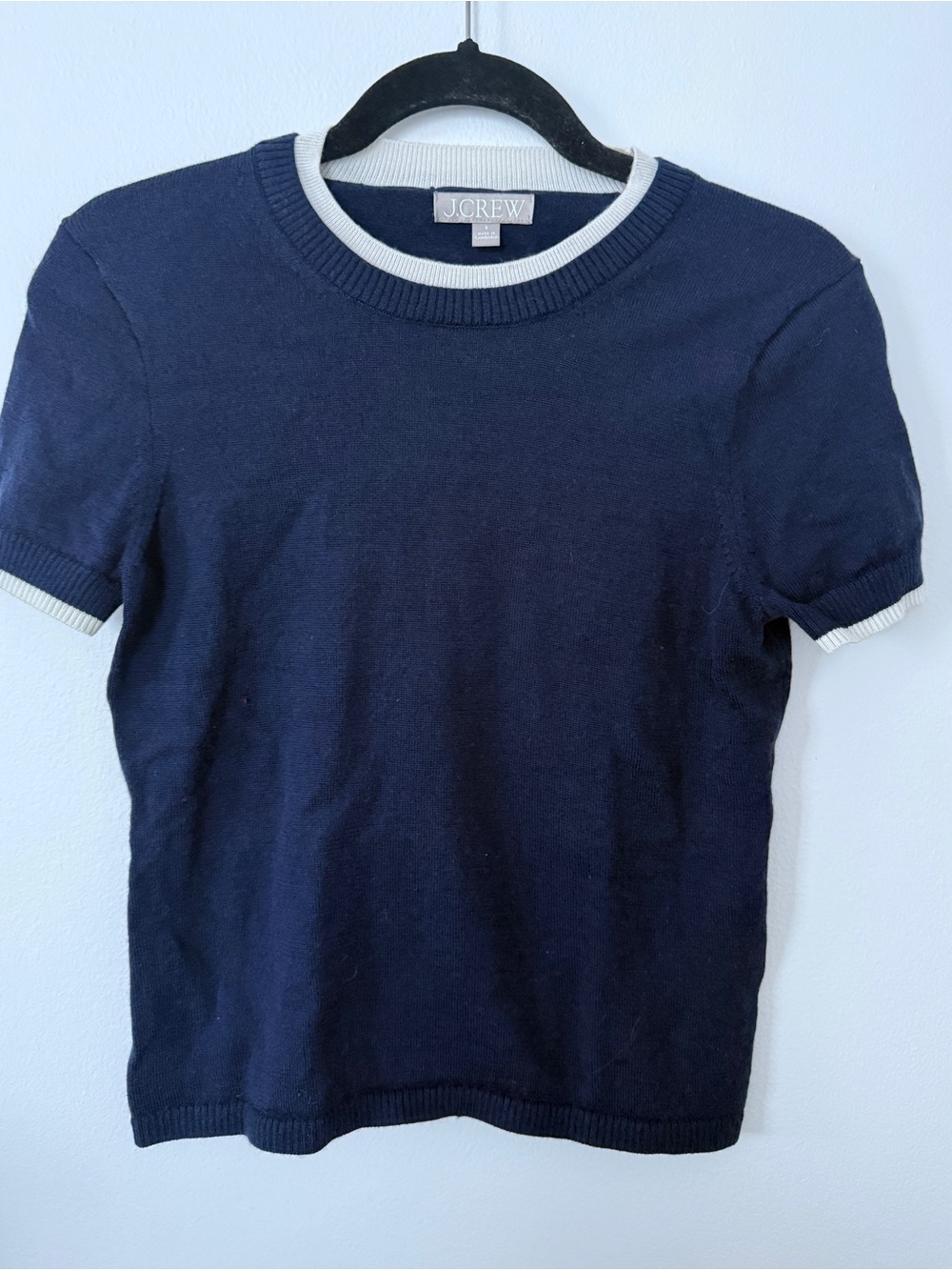 J. Crew Navy Crewneck Short-Sleeve Sweater with White Trim